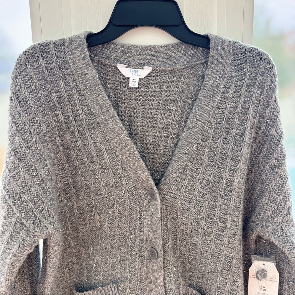 Time and Tru Women's XS Gray Heather Sequin Button Front Pocket Cardigan Sweater - Picture 7 of 13